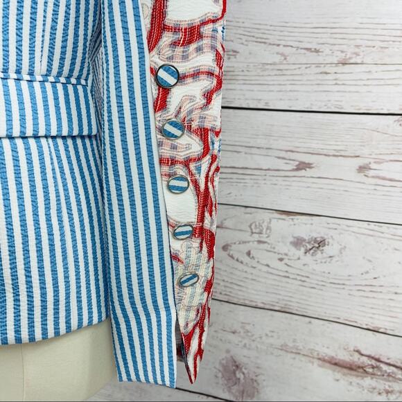 Alberto Makali open shoulder seersucker stripe blue white blazer - Picture 8 of 13